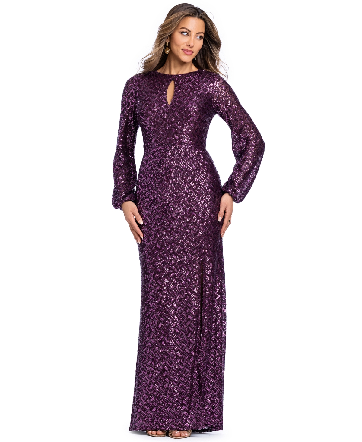 Xscape Women's Sequin Long-sleeve Keyhole Dress In Plum