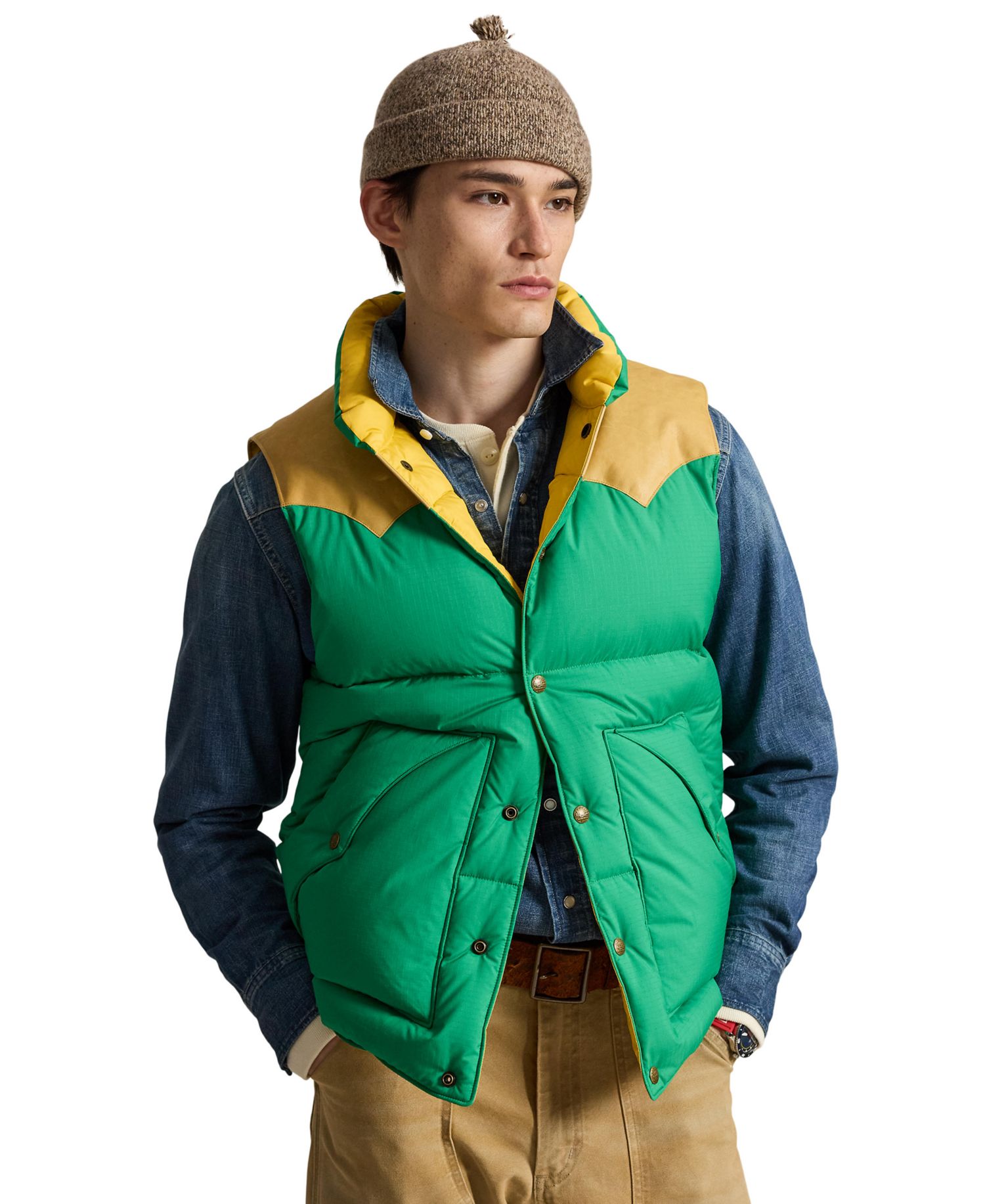 Men's Western-Style Leather Yoke 750-Fill-Power Down Vest