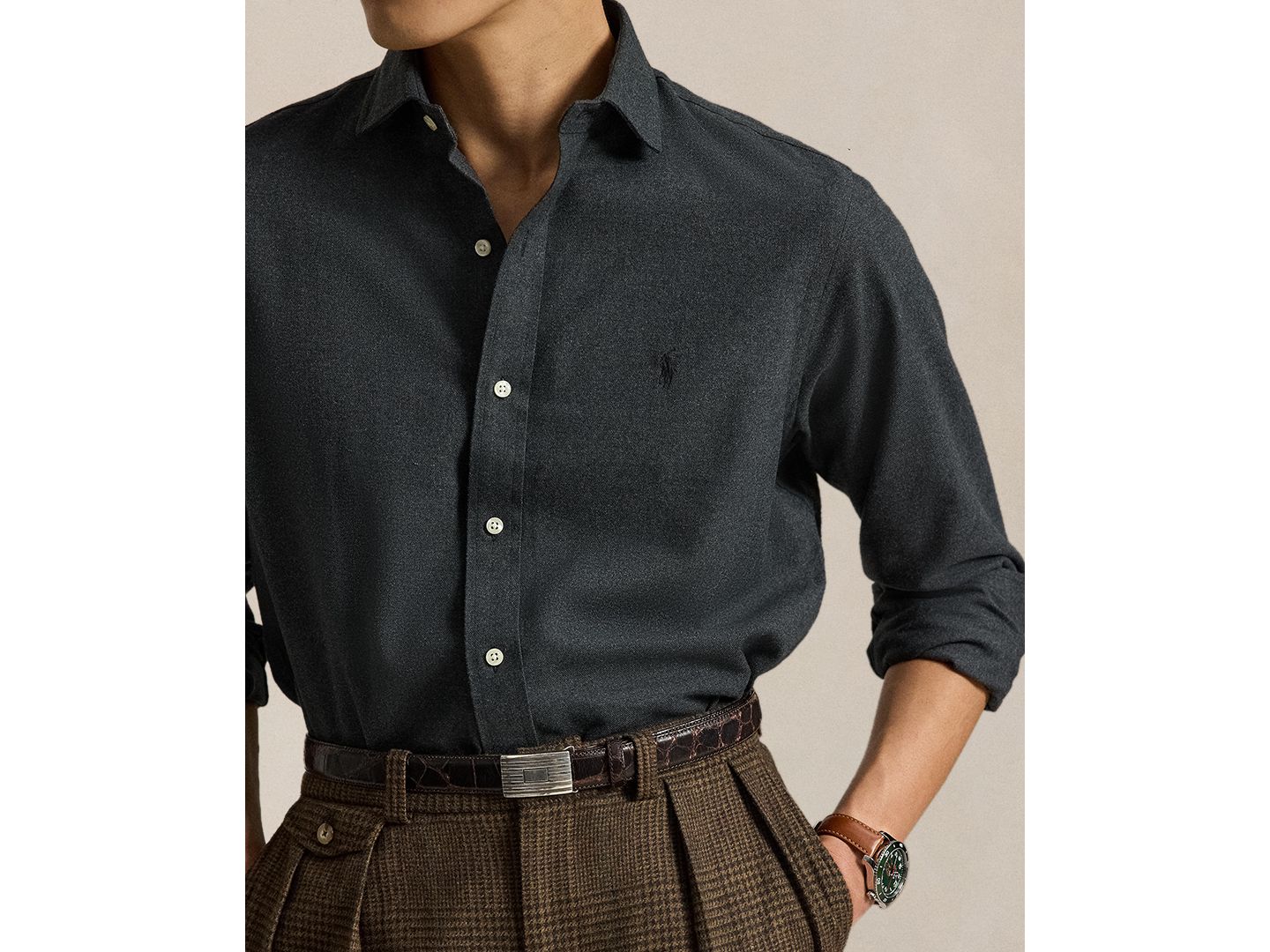Мужская рубашка Polo Ralph Lauren Classic Fit Performance Twill, цвет: Меланжевый — фото 3