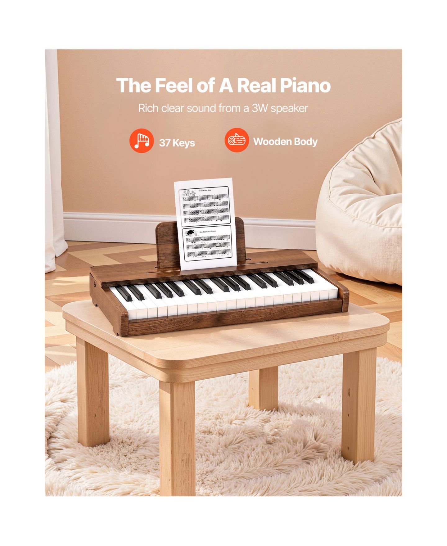 Детская игрушка Mecale 37-Key Extended Range Wooden Kids Digital Piano, Ages 3+, цвет: Коричневый — фото 2