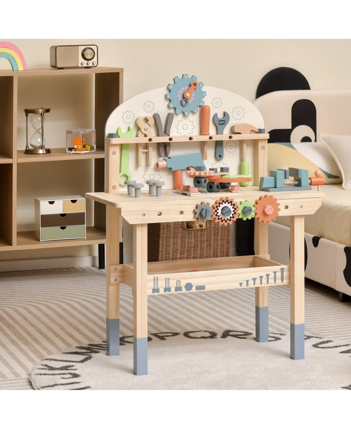 Mecale Solid Pine Wood Play Tool Workbench with Storage Shelf, Ages 3+