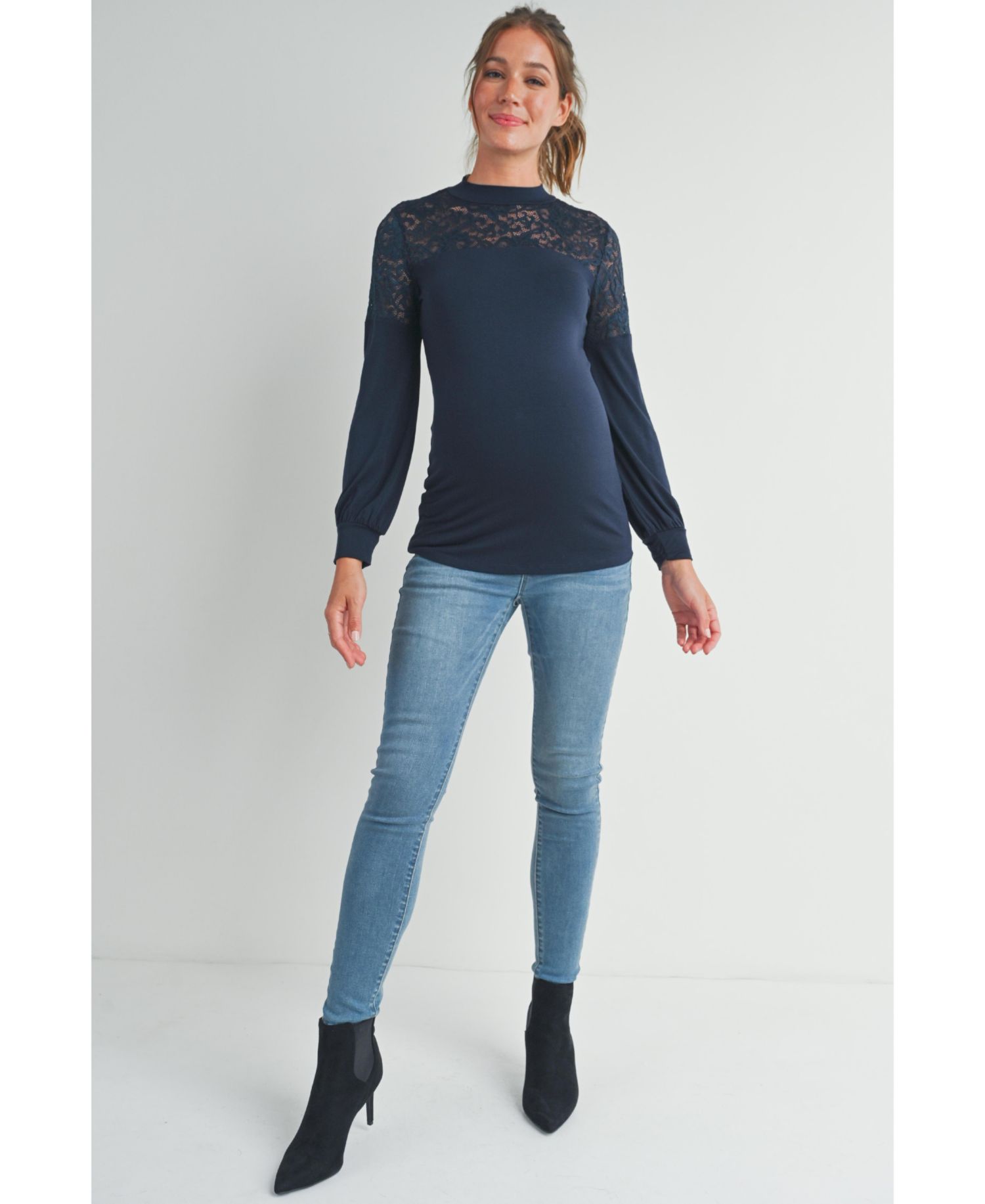 Maternity Floral-Lace Yoke Mock-Neck Long-Sleeve Top
