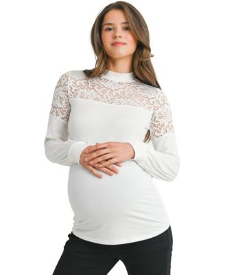 Maternity Floral-Lace Yoke Mock-Neck Long-Sleeve Top