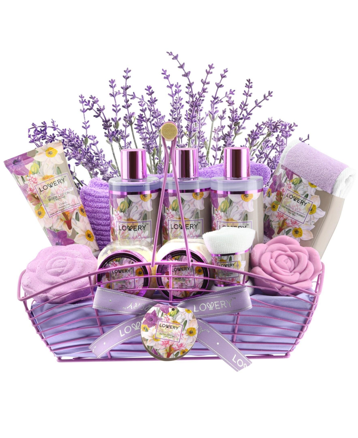 Lovery Vanilla Lavender Home Spa Body Care Gift Set, Natural Bath Gift Basket, 13 Piece Self Care Kit - Purple