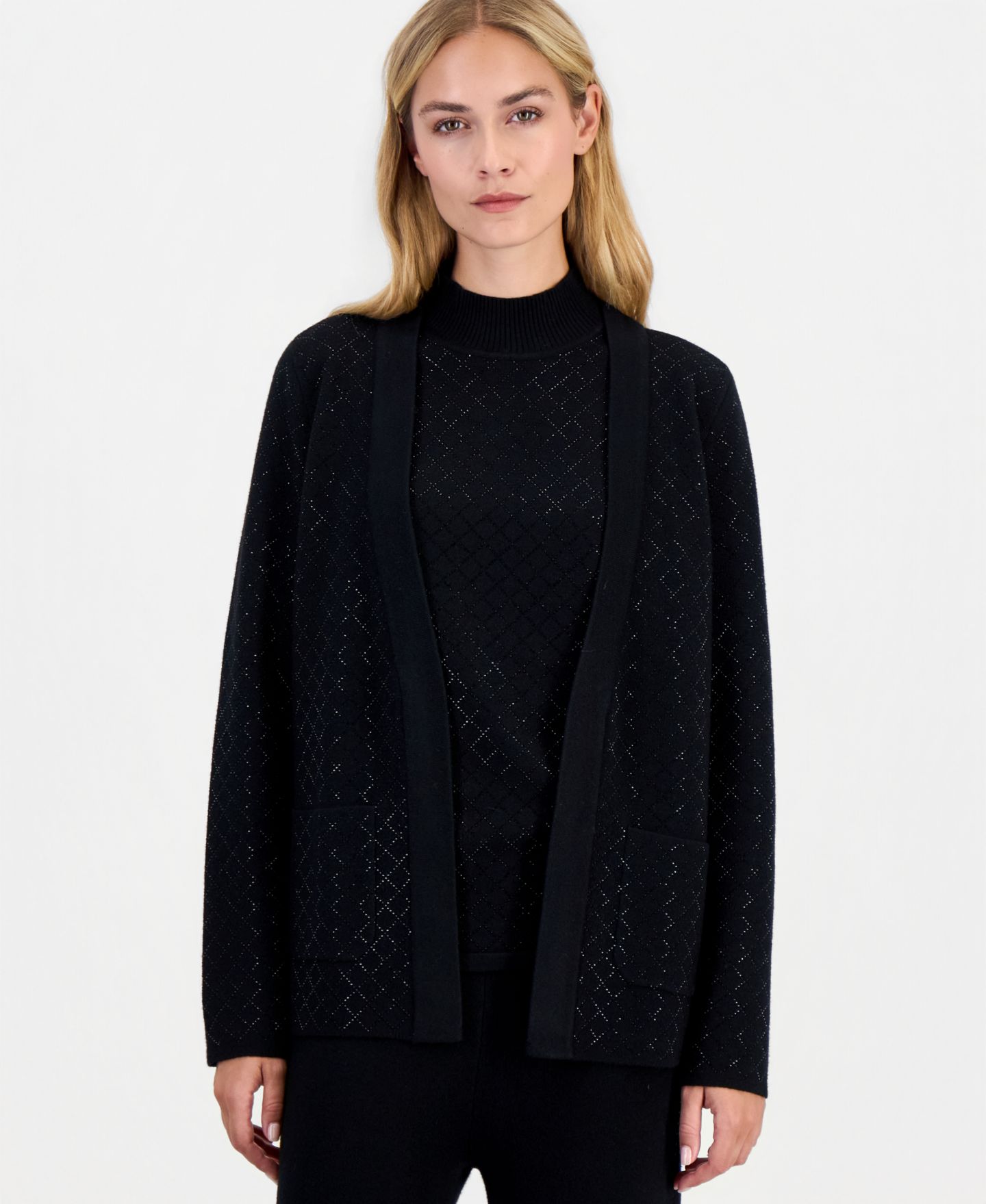 Женские кардиганы Anne Klein Diamond Heatset 3-Piece Cardigan Wide-Leg Suit, цвет: Чёрный — фото 2