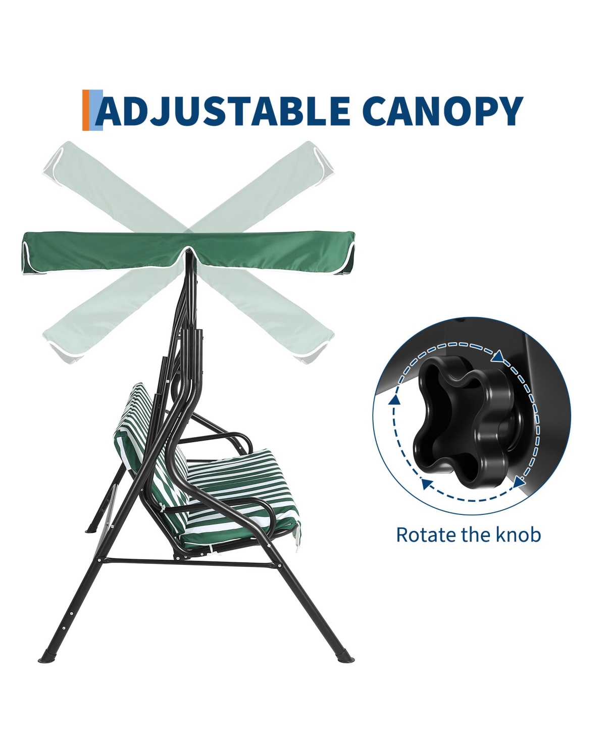 gaomon 3-Seat Outdoor Porch Swing Chair with Adjustable Canopy, Striped Cushions and Steel Frame Patio Glider for Backyard, Garden