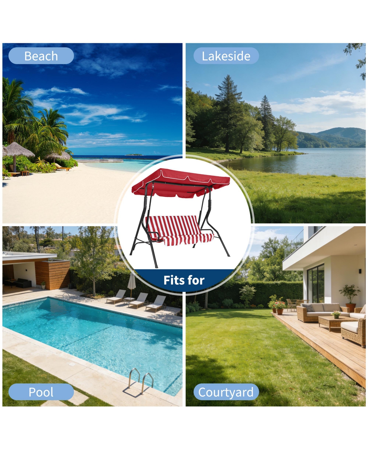 gaomon 3-Seat Outdoor Porch Swing with Adjustable Canopy, Patio Glider Bench with Cushions and Steel Frame for Backyard, Garden and Deck