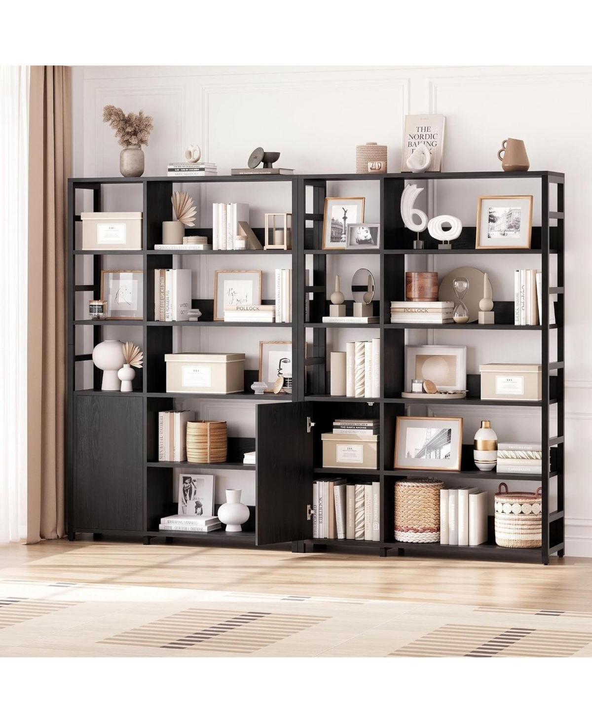 gaomon 71.1-Inch Industrial Bookcase with Door, 8 Open Shelves, Metal Frame, Adjustable Shelf, Protective Rails, for Living Room and Office