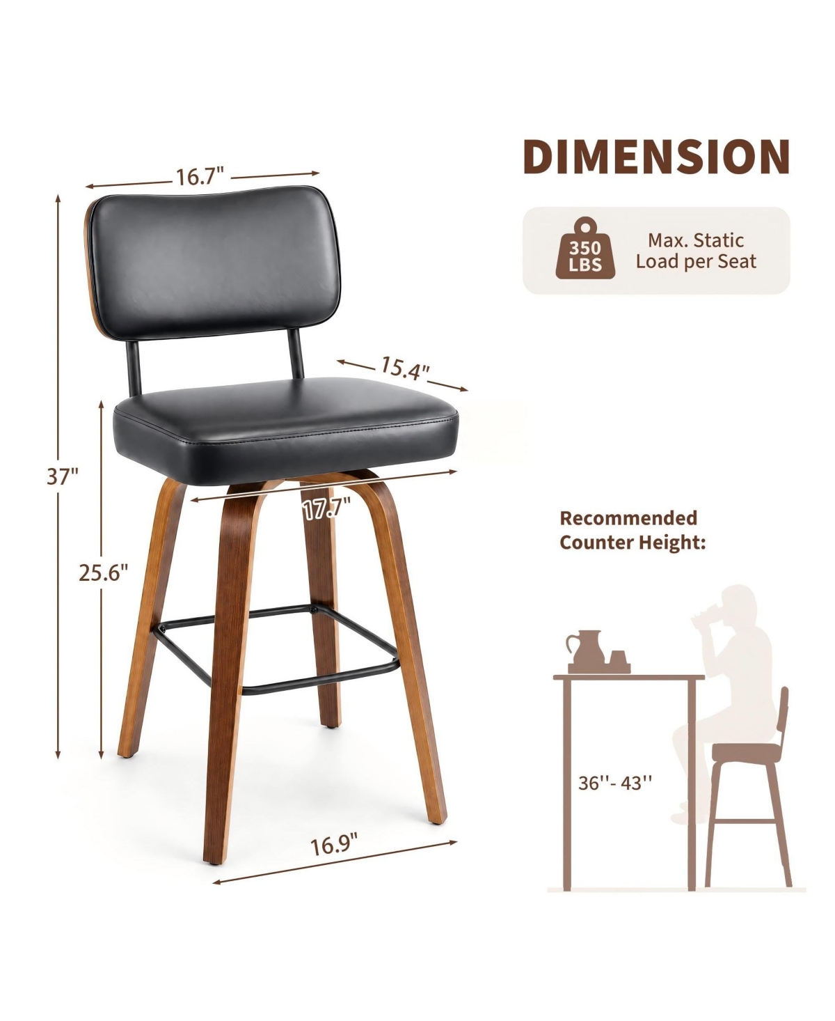 gaomon Set of 3 Modern 26 Inch Counter Height Swivel Bar Stools, Faux Leather Backrest and Bentwood Legs for Kitchen Island Home