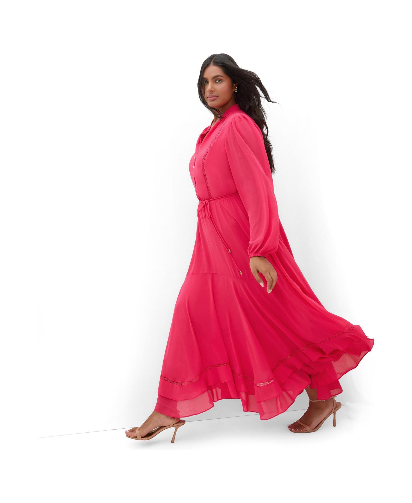 Женское платье CITY CHIC Plus Size Yasmin Long-Sleeve Chiffon Ruffle Maxi, цвет: Lipstick — фото 3
