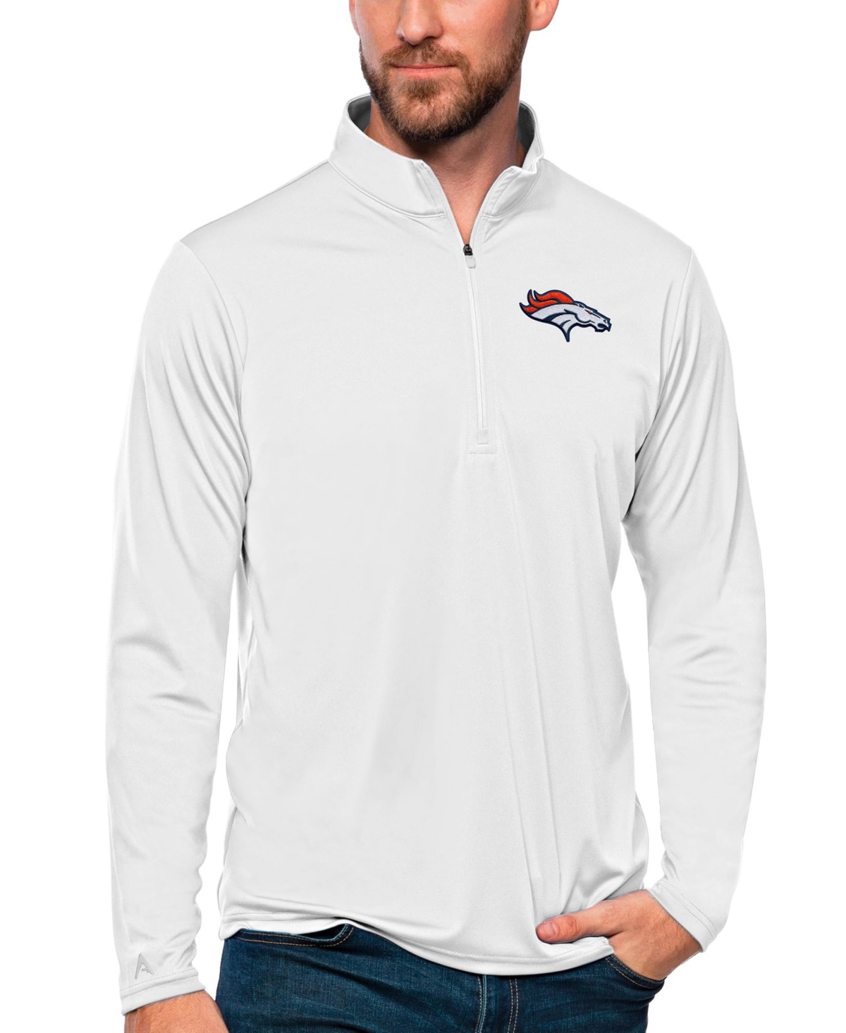 Men's Antigua White Denver Broncos Tribute Quarter-Zip Lightweight Pullover Top