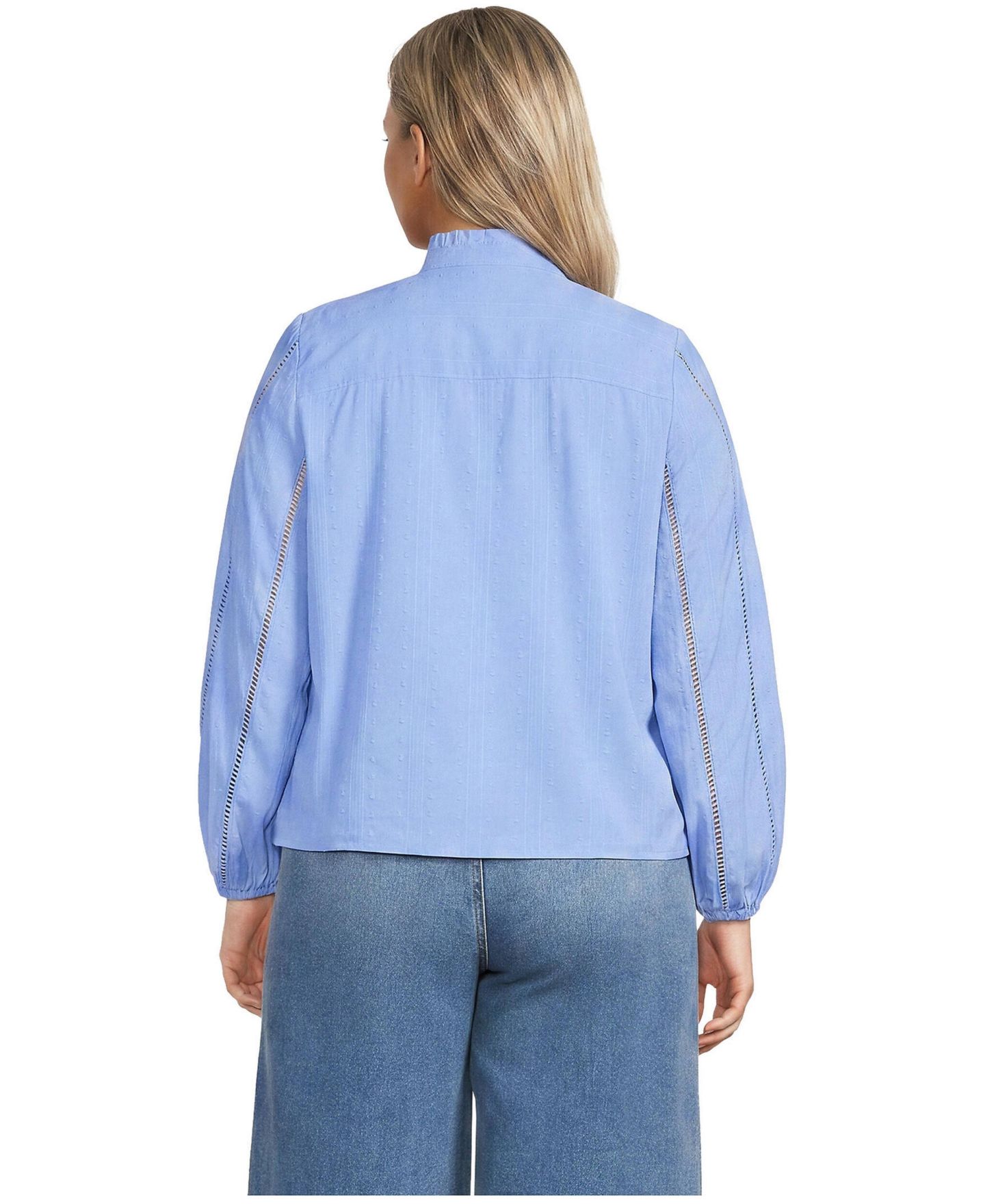 Женская рубашка Lands' End Plus Size Ruffle-Neck Pintuck with Embroidery and Lace Long-Sleeve, цвет: Прозрачный синий небесно-голубой — фото 4