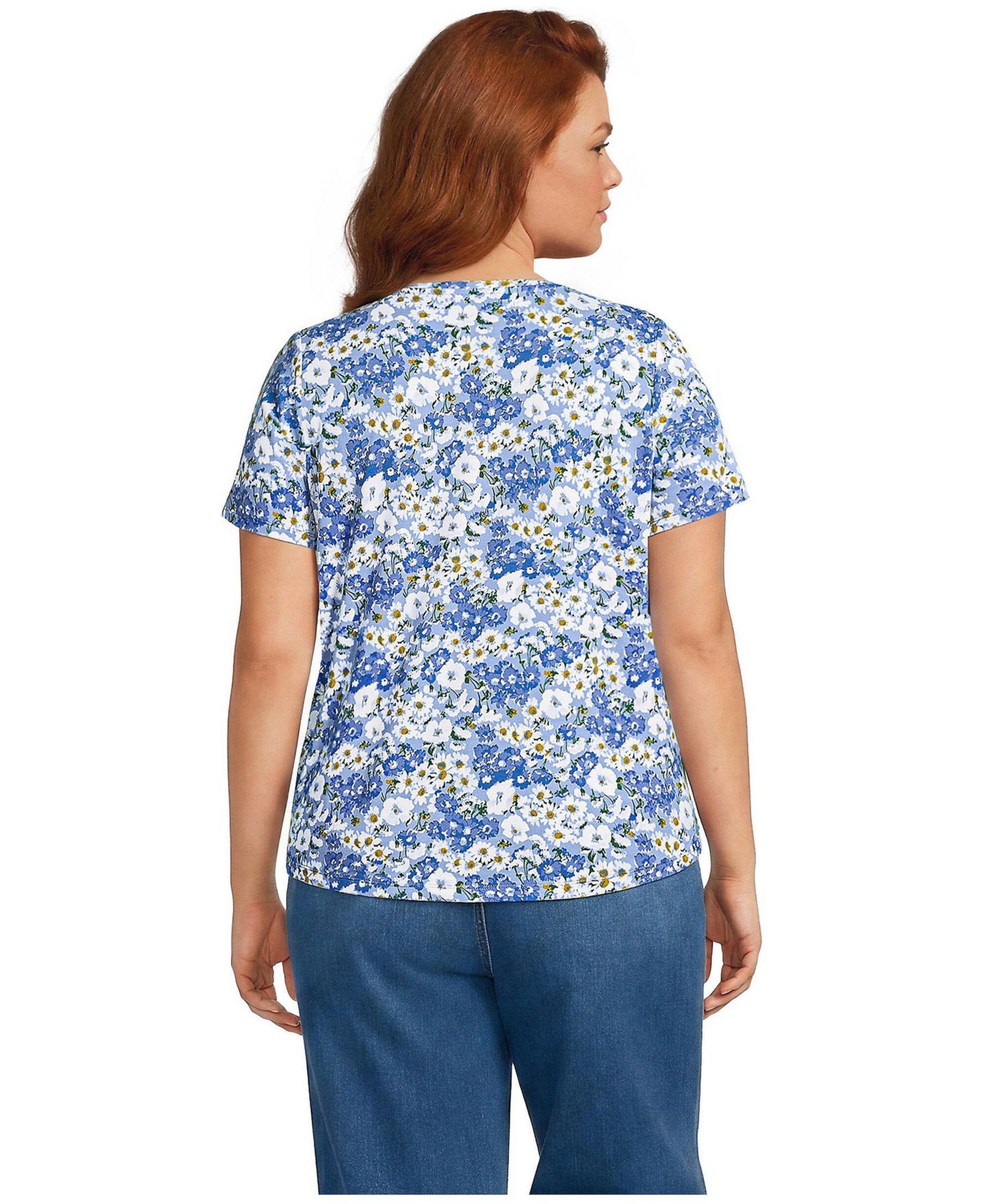 Женская футболка Lands' End Plus Size Short Sleeve Lightweight Jersey Gathered Shoulder, цвет: Прозрачный синий / Слоновая кость — фото 4