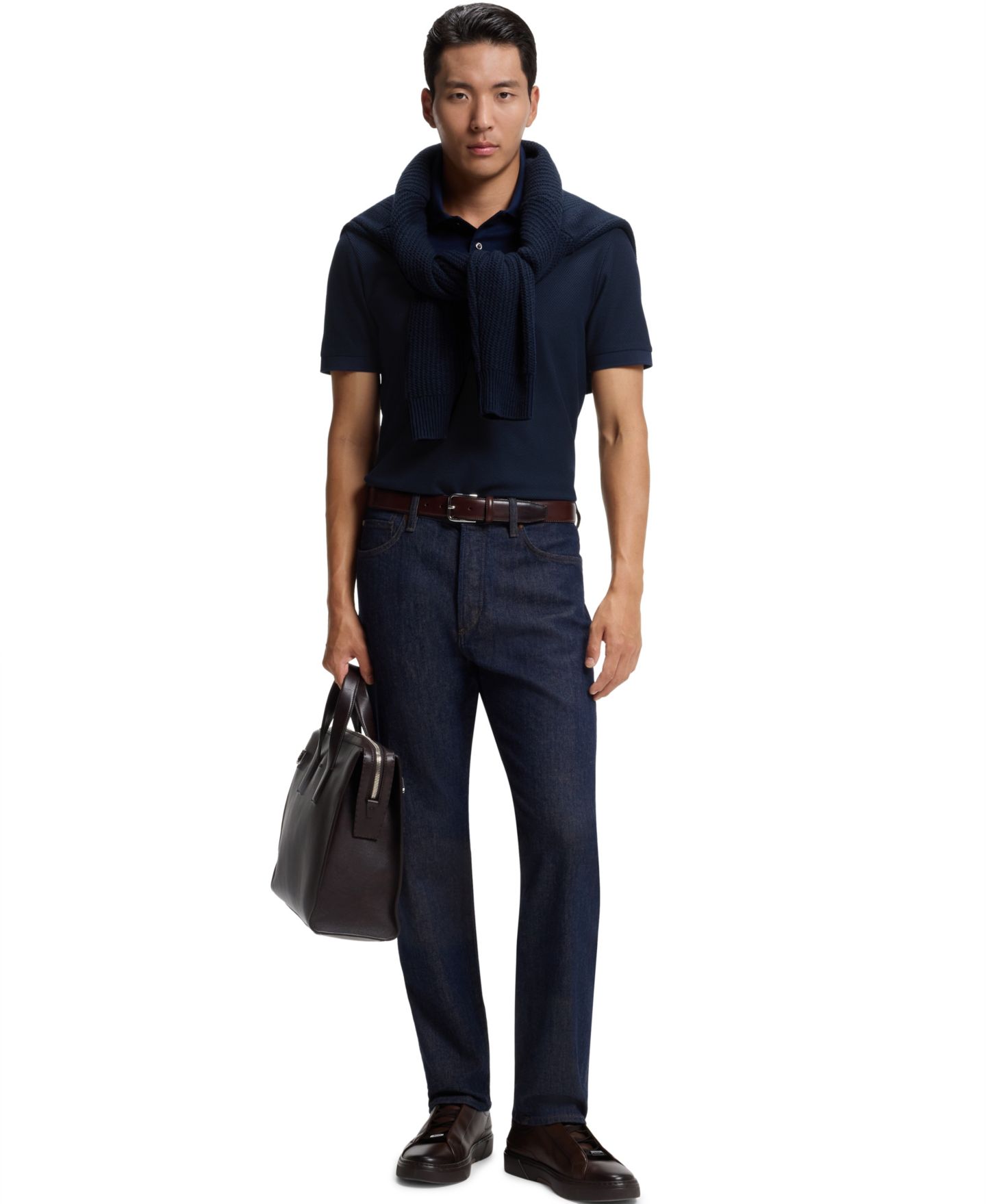 Мужское поло Hugo Boss L-Perry 148 Two-Tone Regular-Fit Cotton Polo Shirt, цвет: Тёмный синий — фото 3