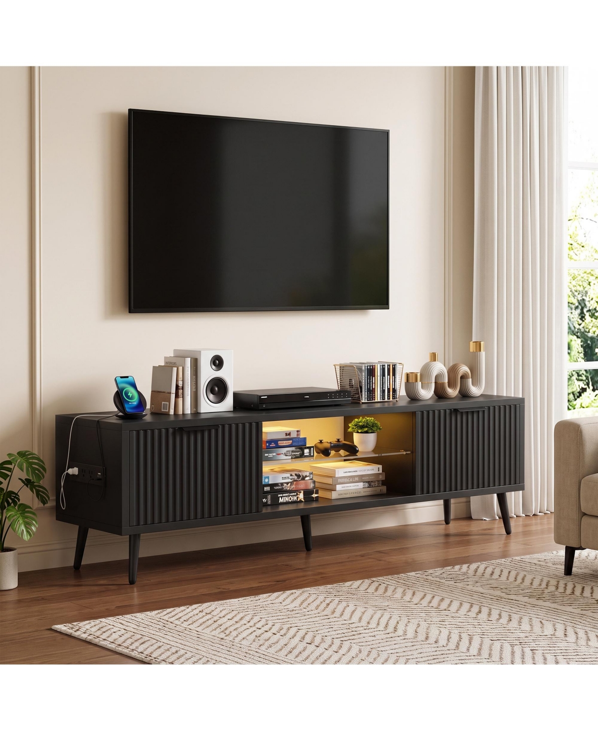 Aheaplus Tv Stand Media Console Table with Power Outlet for 30-60"