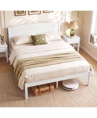 Full Size Wooden Platform Bed Frame With Curved Headboard Solid Pine Wood Legs