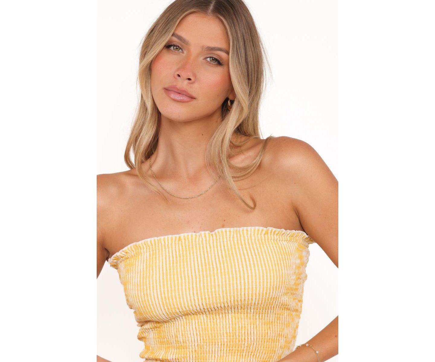 Женский топ Petal and Pup Salome Strapless Shirred Bodice Tube, цвет: Манговый полосатый — фото 4