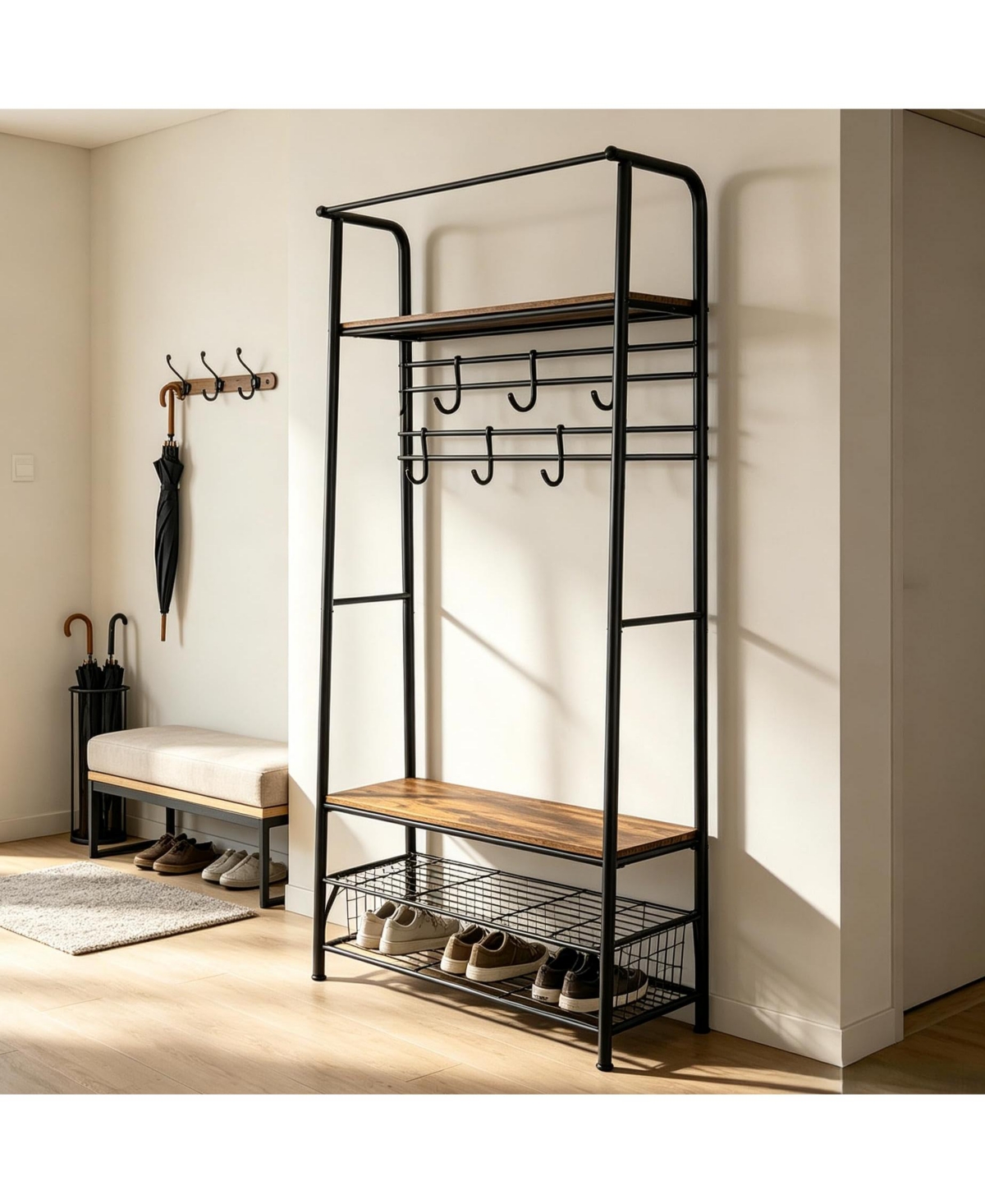 Gaomon Entryway Hall Tree with Shoe Rack - Industrial Coat and Storage Bench, 6 Hooks, 2-Tier Shelf, Quick Assembly