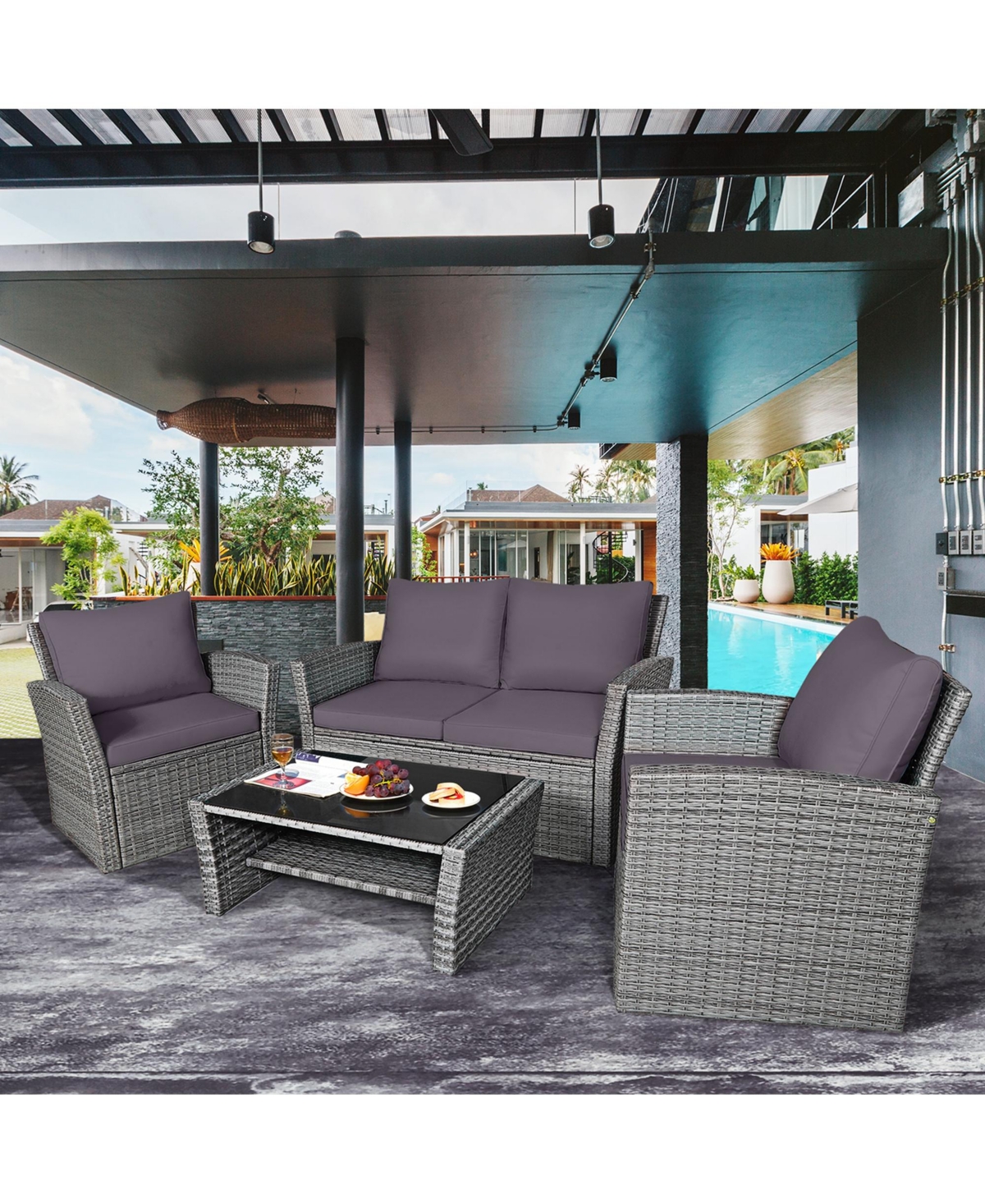 Costway 4Piece Patio Rattan Furniture Set Sofa Table With Storage Shelf