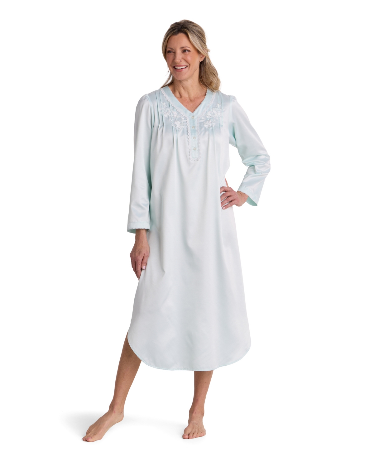 Miss Elaine Petite Long-Sleeve Brushed-Back Satin V-Neckline Embroidered Gown - Mint