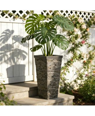 30" Tall Square Stacked Stone Texture Planter MGO Outdoor Pot with Drainage