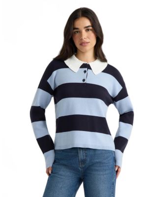 Women's Long-Sleeve Ruffled Polo Collar Rugby-Stripe Sweater