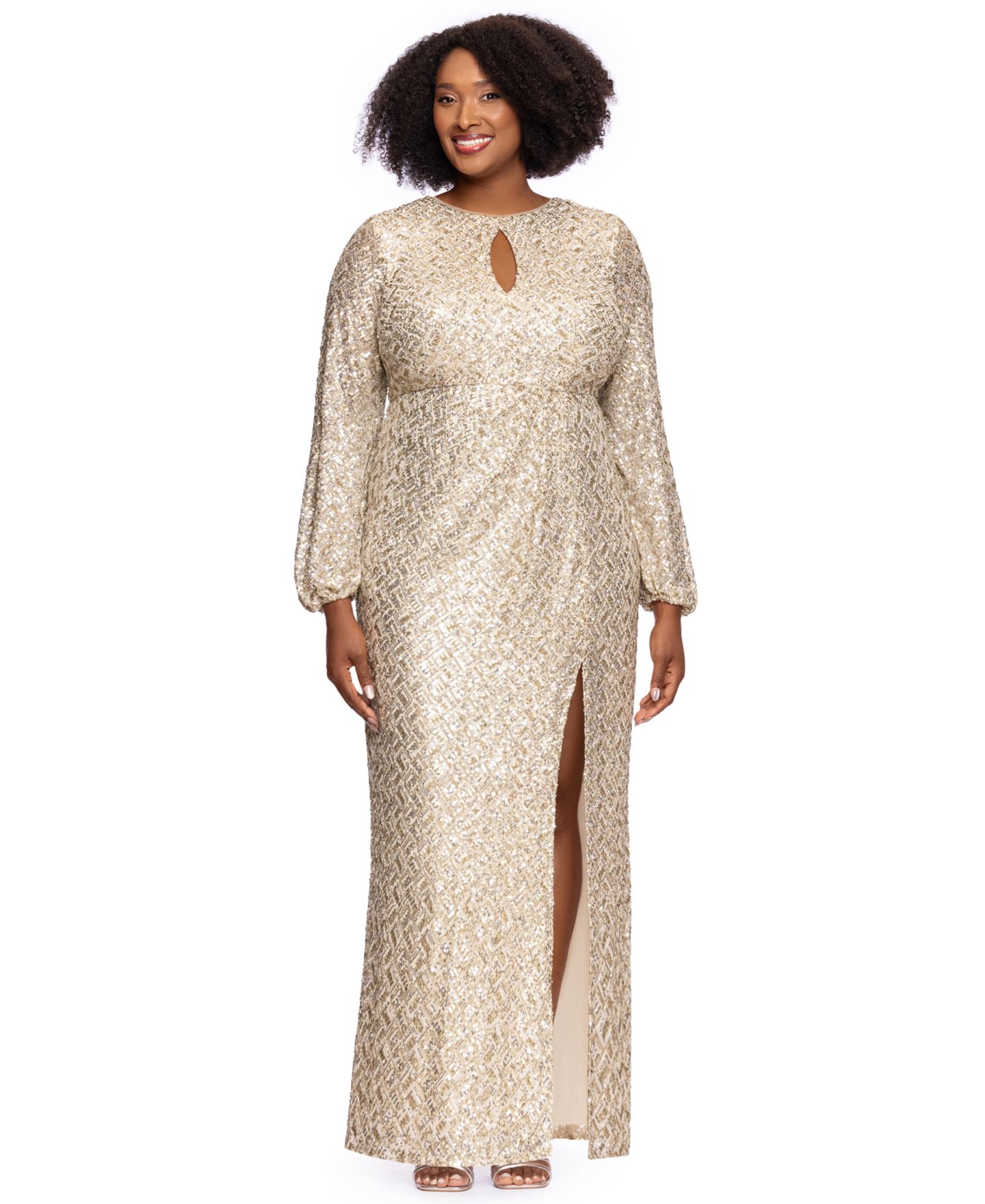 Женские платья XSCAPE Plus Size Allover-Sequin Keyhole Long-Sleeve Gown, цвет: Золотой серебряный — фото 2