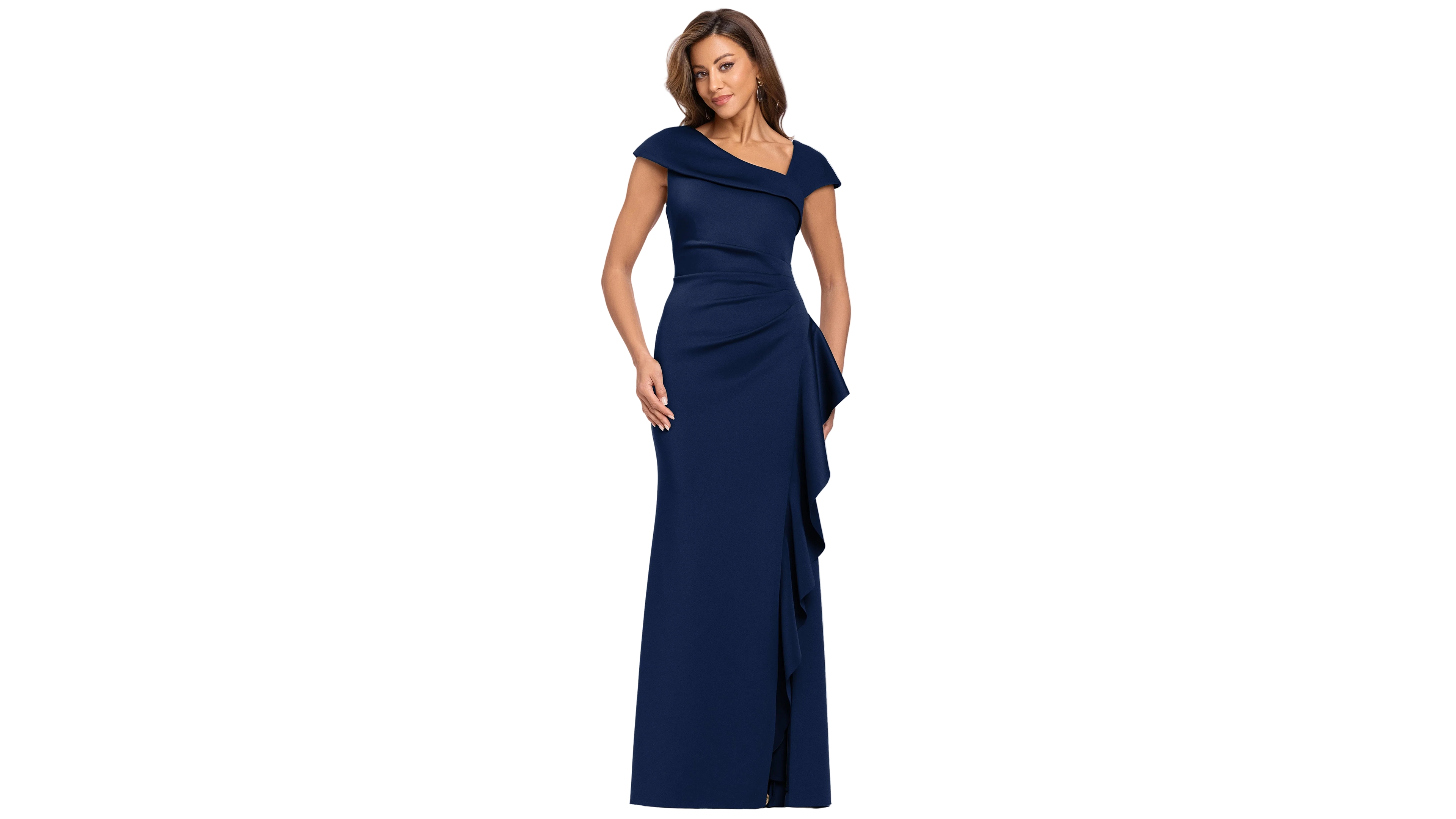 Xscape Petite Asymmetrical Neck Scuba Ruffle Sheath Gown