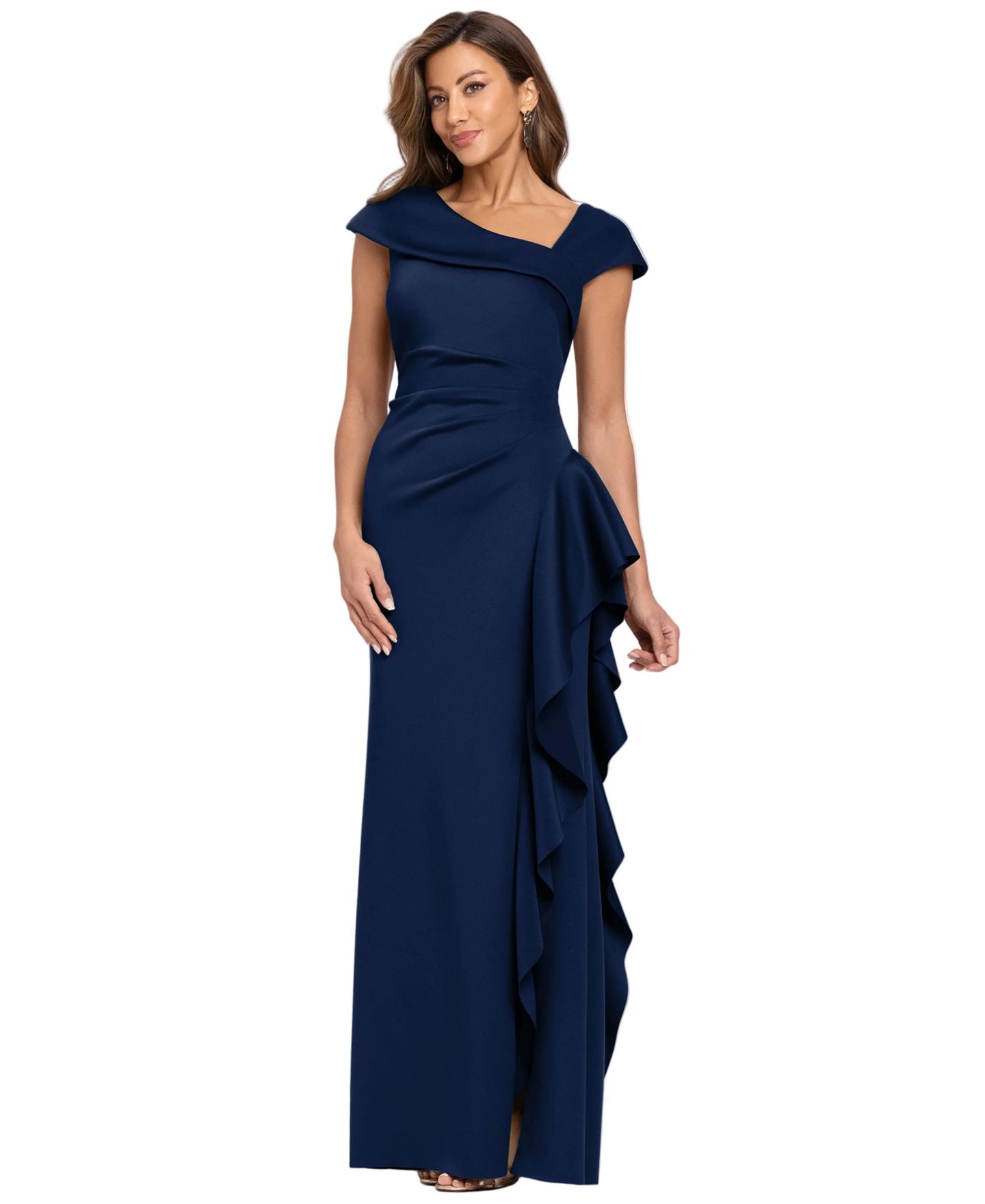 Женские платья XSCAPE Asymmetric Neck Side Ruffle Gown, цвет: Тёмно-синий — фото 2