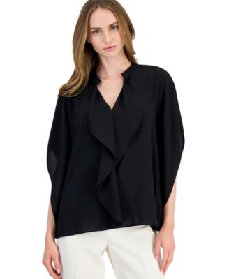 Petites V-Neck Flutter-Sleeve Princess-Seam Blouse