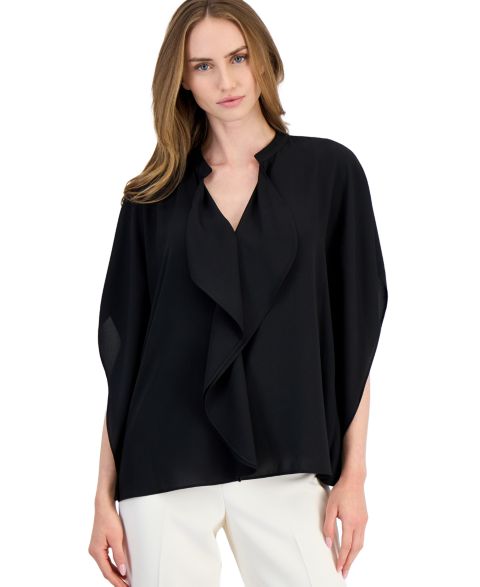 Женская блузка Anne Klein Dolman Flutter Y-Neck Chiffon Blouse, цвет: Чёрный
