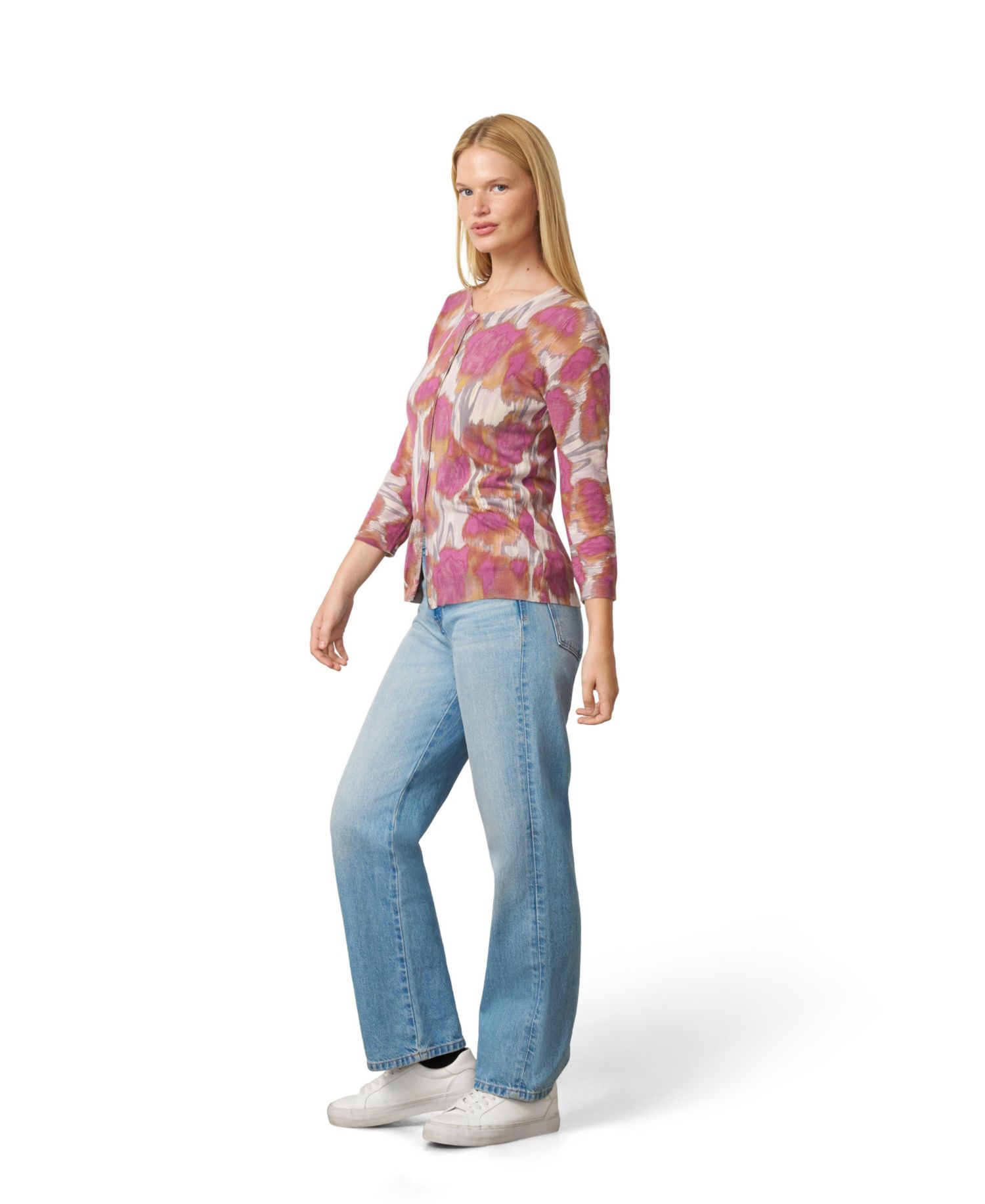 Women's Floral Animal Print 3/4-Sleeve Crewneck Cardigan