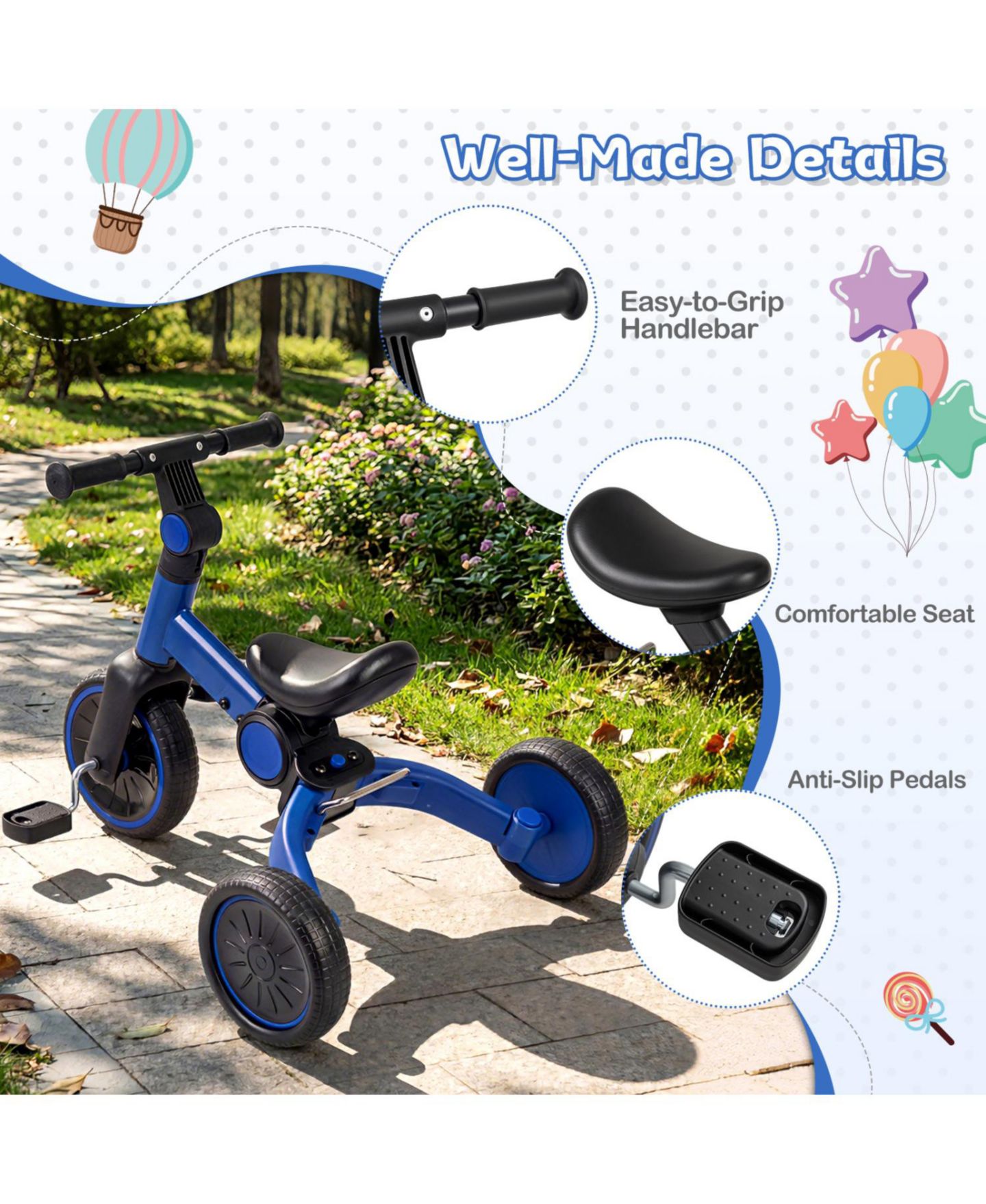 Детская игрушка Mecale 5-in-1 Balance Bike with Removable Pedals, 66-lb Capacity, Ages 2-4, цвет: Синий — фото 7