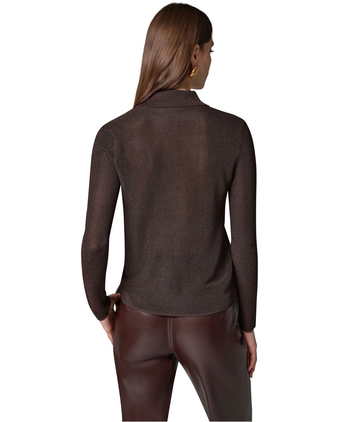 Женское поло Donna Karan New York Petite Long-Sleeve Fitted Polo Shirt, цвет: Тёмно-коричневый — фото 8