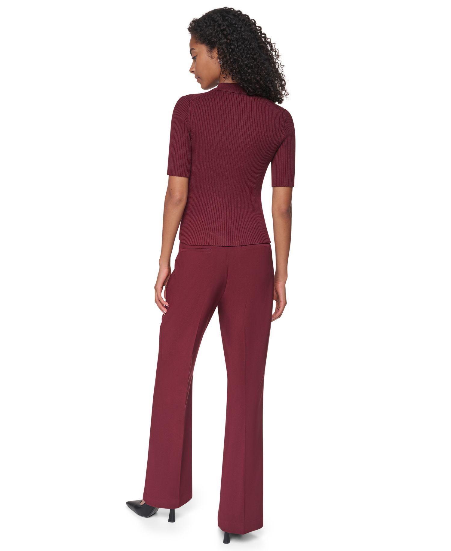Petite Short-Sleeve Half-Zip Ribbed Cotton-Blend Sweater
