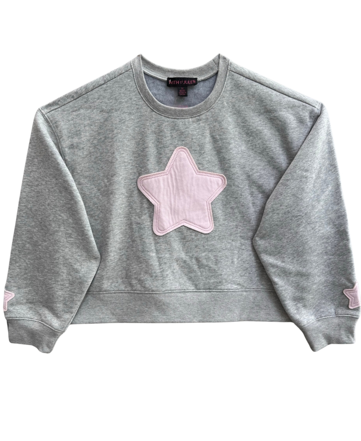 With Jules Girls' 4-16 Crew Neck W Stars Long-Sleeve Star-Patch Sweatshirt - Light Pastel Gray
