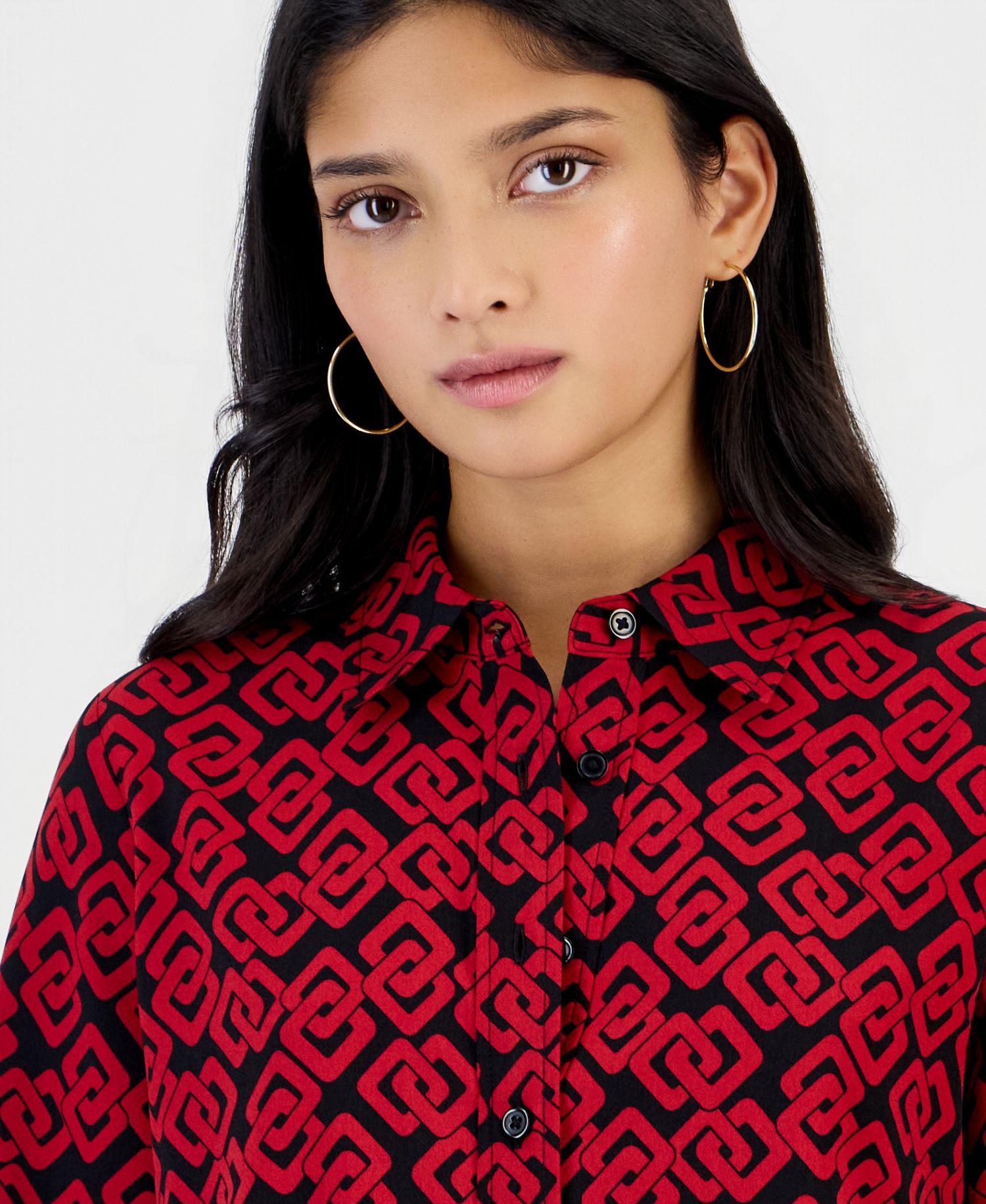 Petite Long-Sleeve Houndstooth Button-Front Blouse