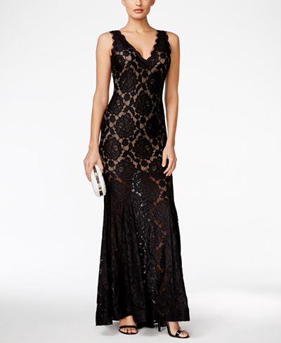 Betsy & Adam Lace V-Neck Gown
