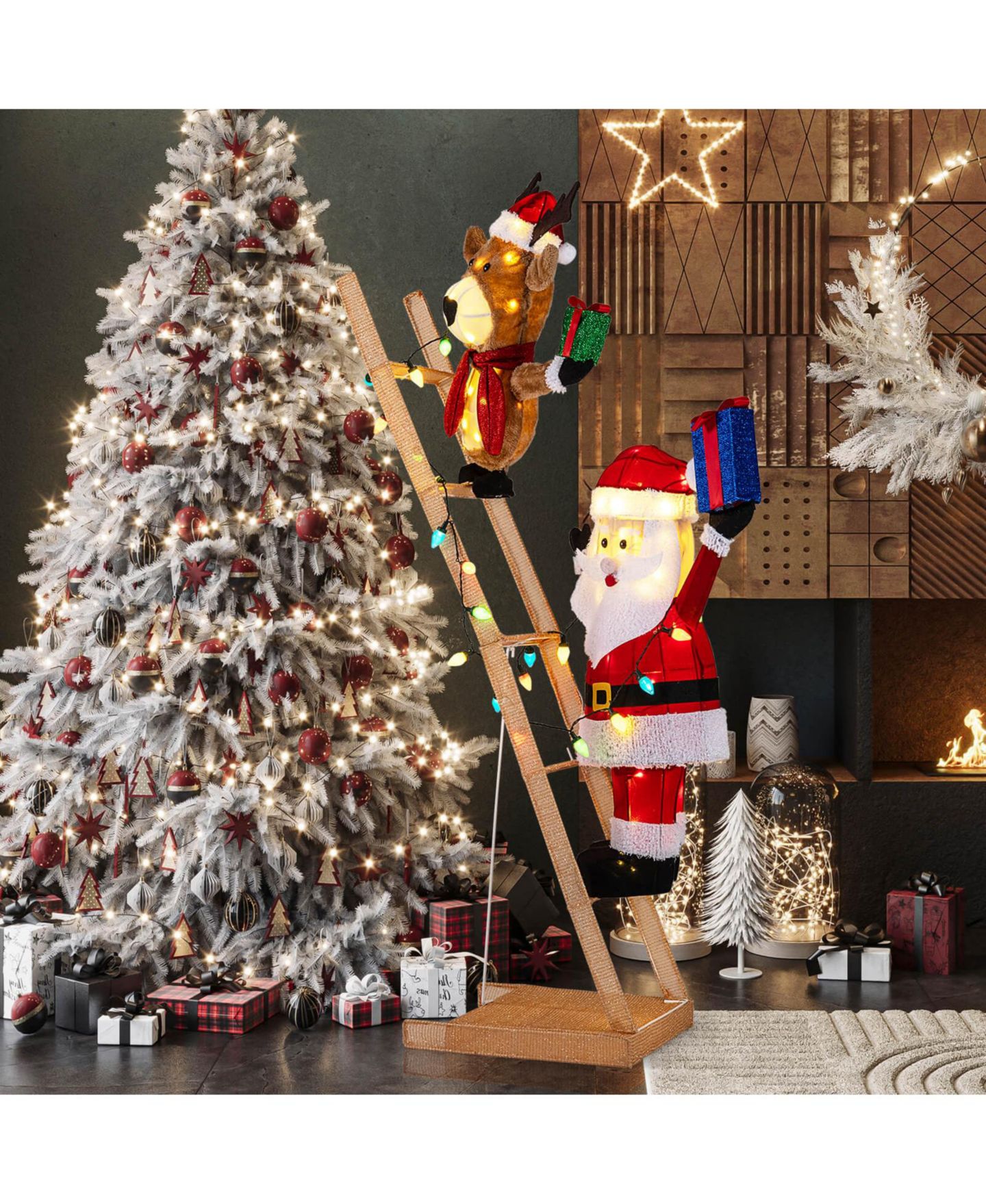 Детская игрушка Costway 5.5 FT Lighted Reindeer and Santa Claus on Ladder with 100 LED Lights, Zip Ties, цвет: Красный — фото 4