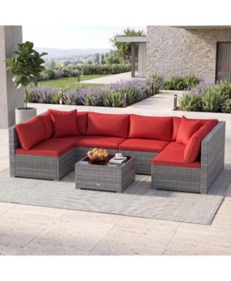 7pieces Patio Furniture Set with Tempered Glass Coffee Table Soft Pillows and Cushions Mix