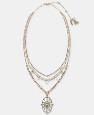 Crystal Gold-Tone 3-Row Snowflake Pendant Necklace