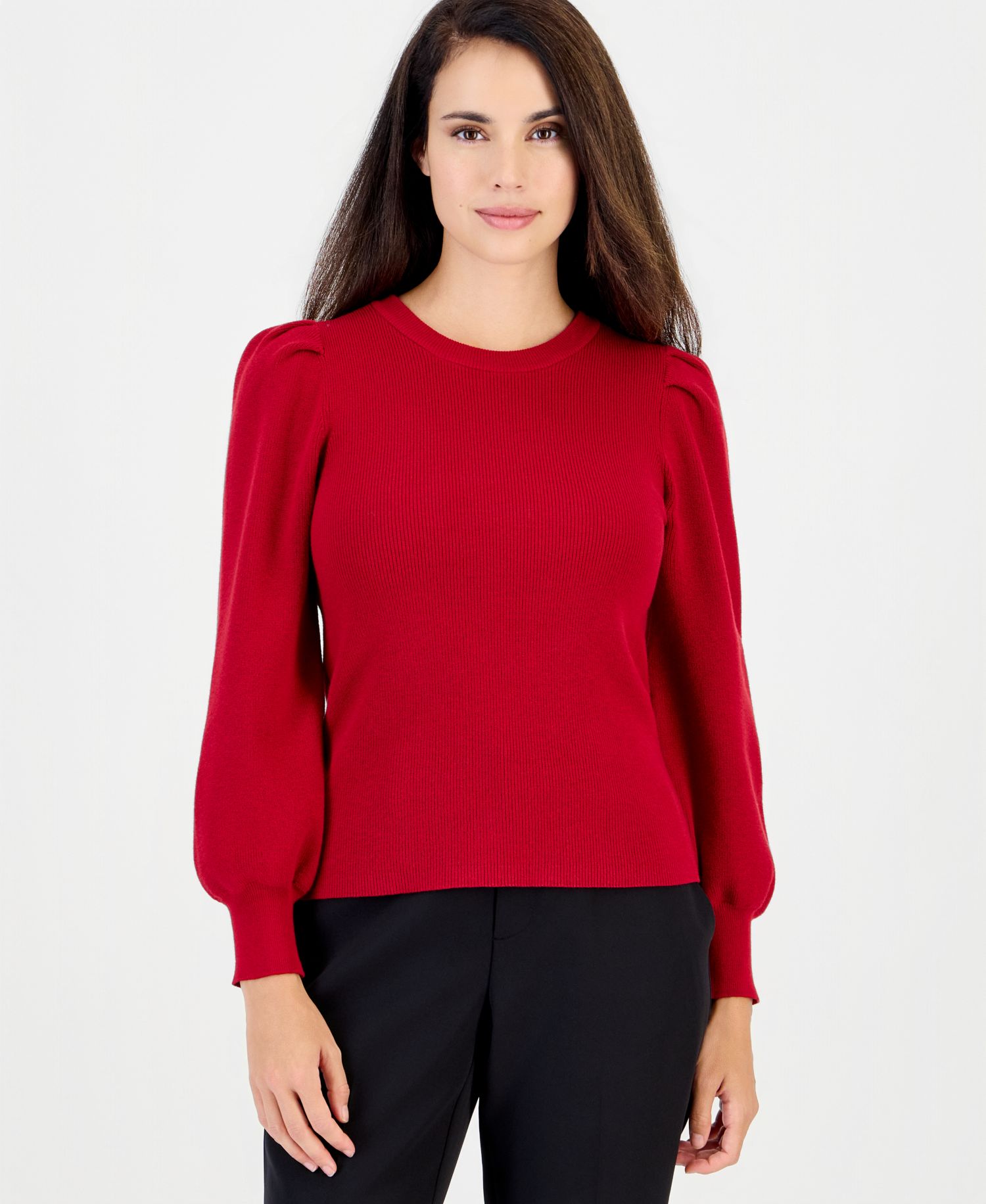 Women's Petite Puff-Sleeve Crewneck Sweater