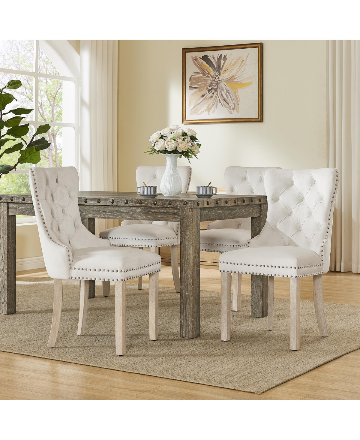 Morden Fort 5 Pieces Elegant Wooden Dining Table Set Rustic Rectangle Table and Upholstered Chair for Kitchen
