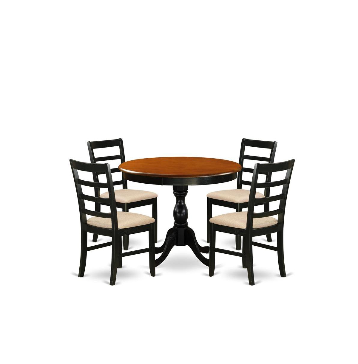 East West Furniture 5-Piece Table Set Consists of a Wood Kitchen Table and 4 Linen Fabric Mid Century Dining Chairs with Ladder Back