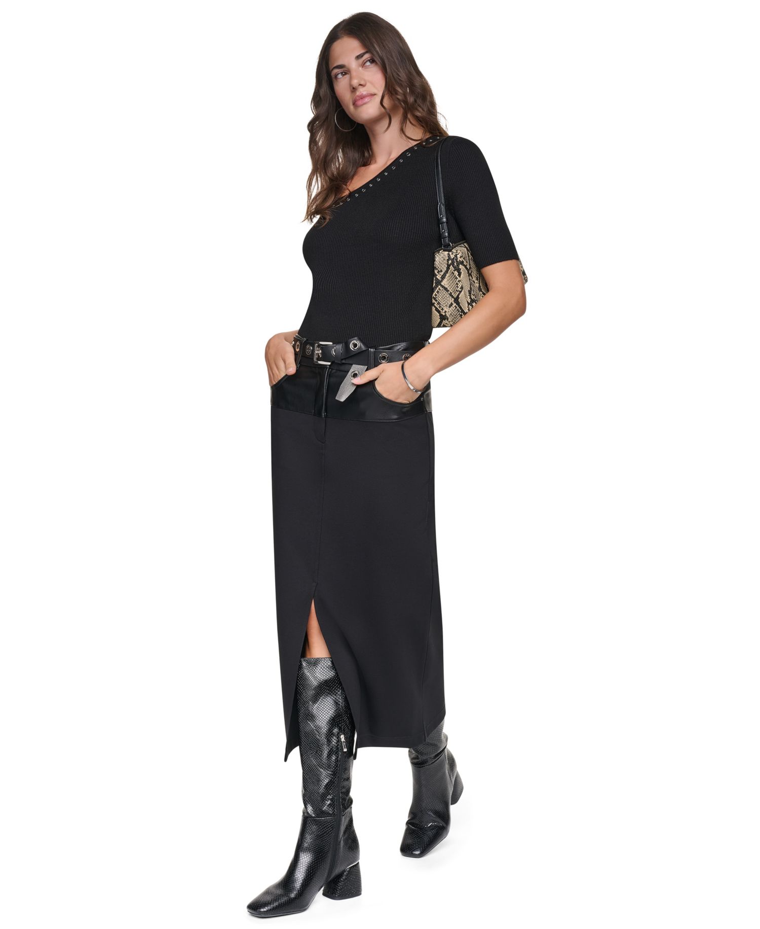 Women's Asymmetrical V-Neck Studded Ribbed-Knit Pullover Sweater