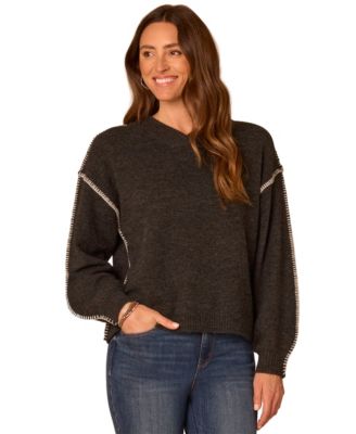Women's Long-Sleeve Blanket Stitch Embroidery V-Neck Sweater