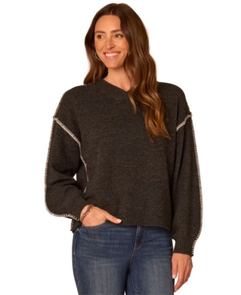Женский свитер Democracy Long-Sleeve Blanket Stitch Embroidery V-Neck, цвет: Меланжевый угольный / Слоновая кость