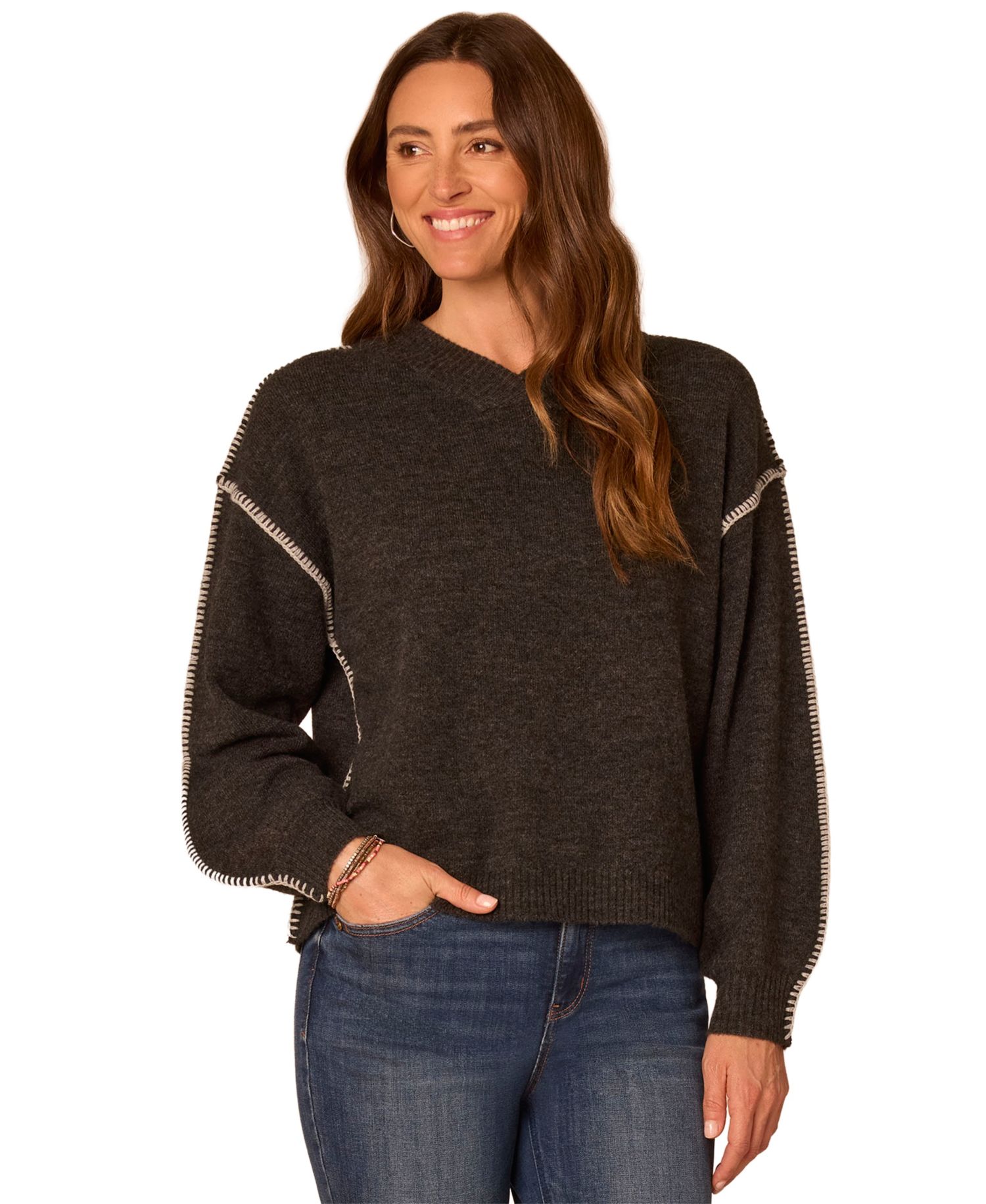 Women's Long-Sleeve Blanket Stitch Embroidery V-Neck Sweater