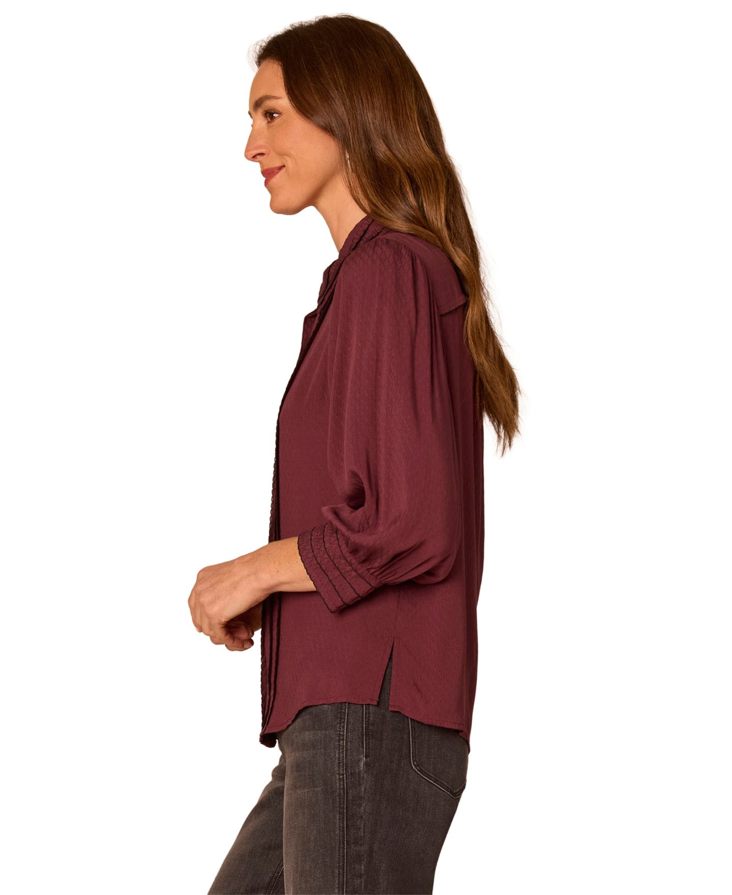 Женская блузка Democracy 3/4-Sleeve Button Down Bubble Hem Blouse, цвет: Инжирный / Чёрный — фото 4