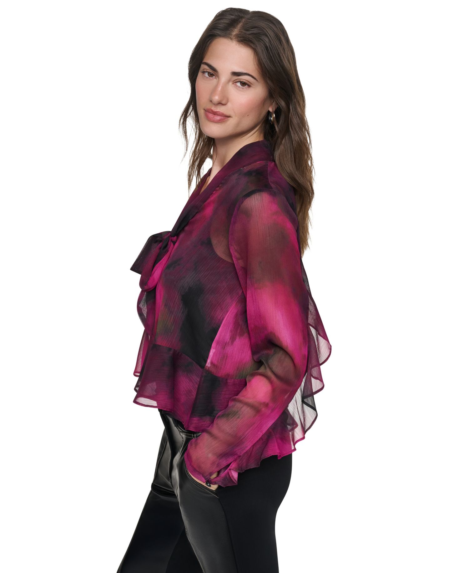 Women's Long-Sleeve Wavy Print Tie-Neck Chiffon Blouse